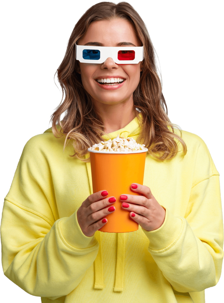 Imagem de mulher com balde de pipoca na mão e óculos 3D de cinema